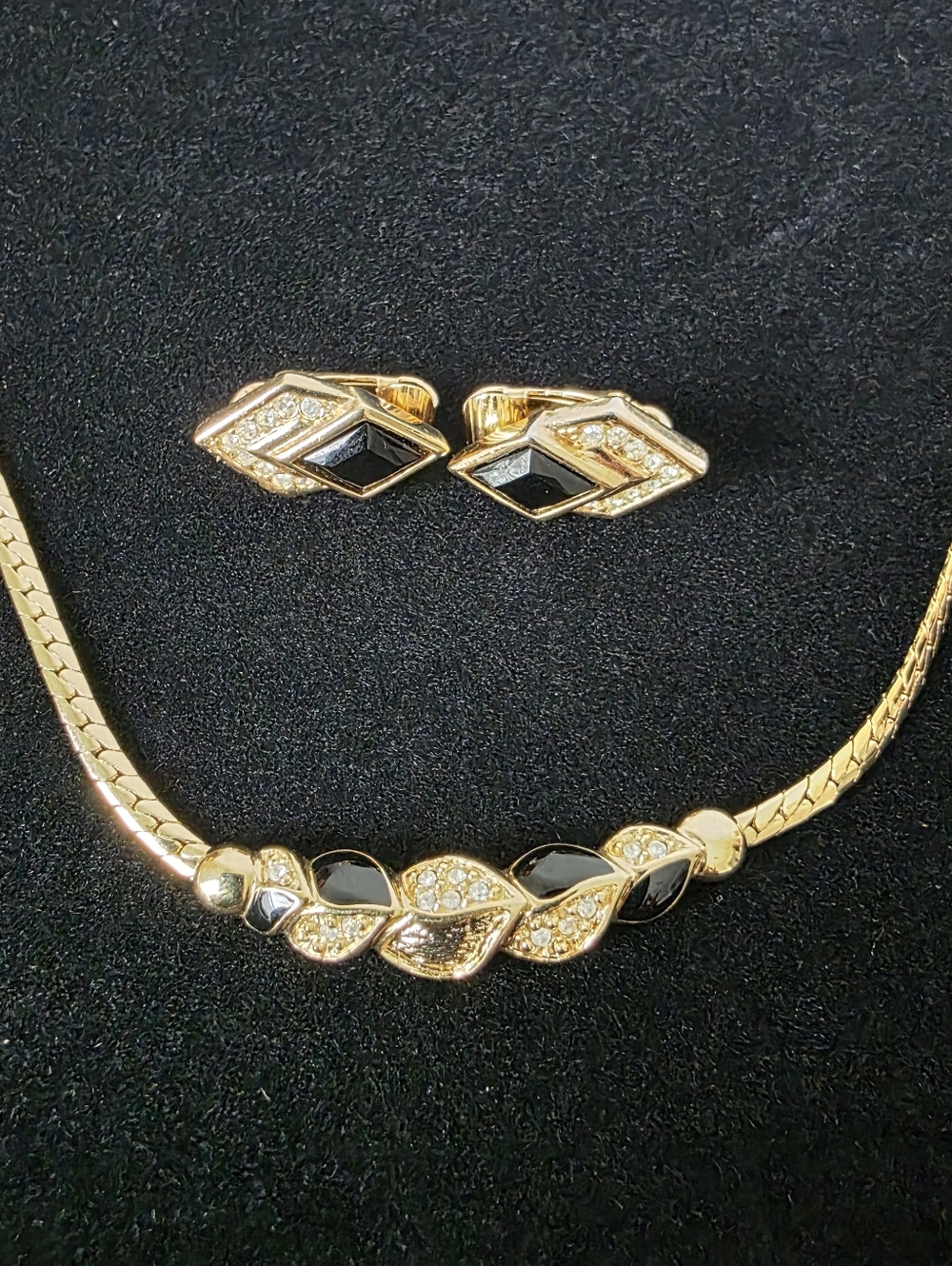 Auth Dior Enamel Rhinestone Necklace And Clipon Gold Stud Earrings - Picture 1 of 14